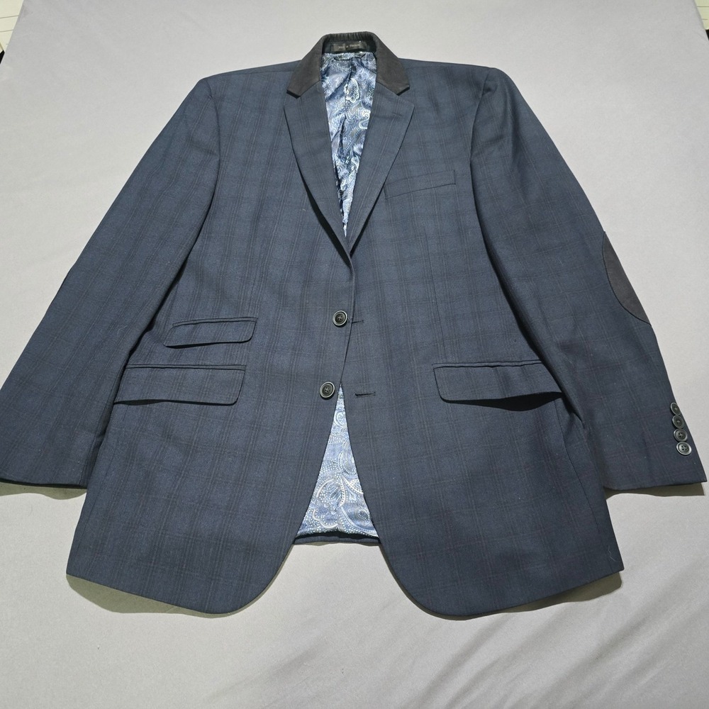 Van Heusen Studio Blazer Mens 42L Navy Plaid Elbow Patches Sport Coat